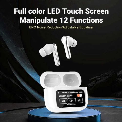 True stereo ANC wireless bluetooth gaming earbuds with LCD color touch screen waterproof noise reduction headset TWS earbuds