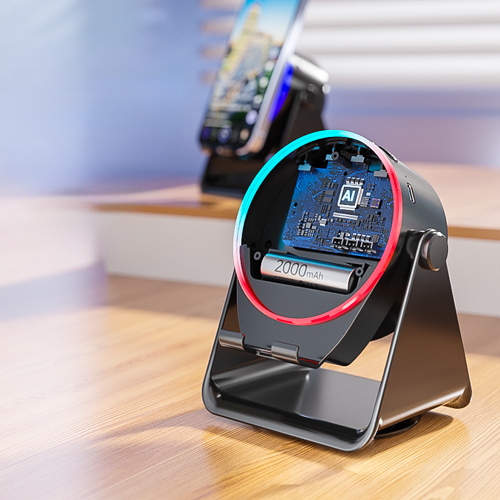 Smart Inductive Phone Tablet Stand with Bluetooth Speaker 360 Rotation RGB Light Sync 2000mAh Battery Proximity Sensing for Universal Use