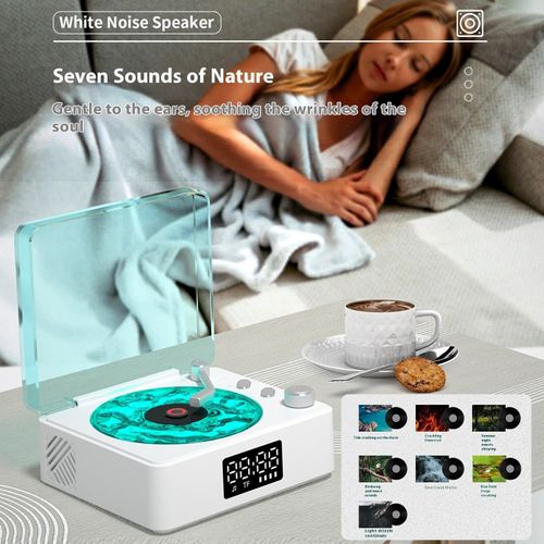 Retro Turntable White Noise Speaker - 7 Nature Sounds Sleep Aid with Ambient Light, Portable Sound Machine for Relaxation & Sleep Therapy