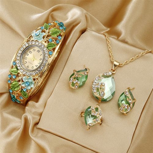 Vintage Elegant Floral Women's Watch Necklace Earrings Ring Quartz Watch Set