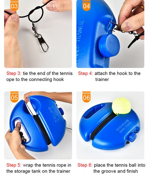 Tennis trainer, including a tennis base and rope set