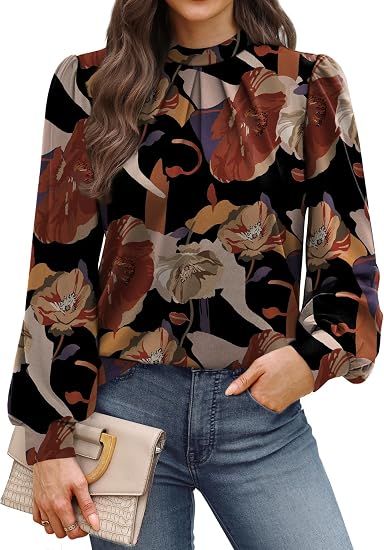Long Sleeve Shirts for Women Mock Neck Tops Pleated Front Blouses Dressy Casual Spring Fall Clothes 2026 Fashion