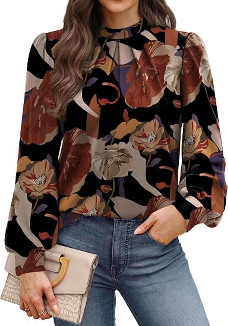 Long Sleeve Shirts for Women Mock Neck Tops Pleated Front Blouses Dressy Casual Spring Fall Clothes 2026 Fashion