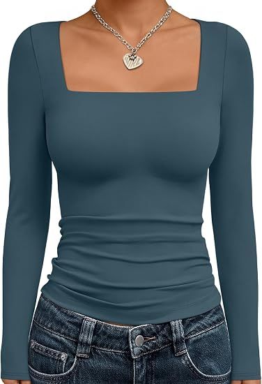 Women's Square Neck Tops Cropped Going Out Long Sleeve Shirts