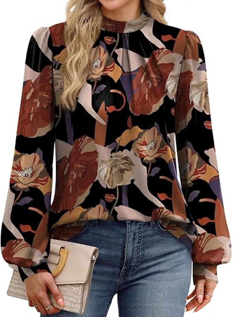 Long Sleeve Shirts for Women Mock Neck Tops Pleated Front Blouses Dressy Casual Spring Fall Clothes 2026 Fashion
