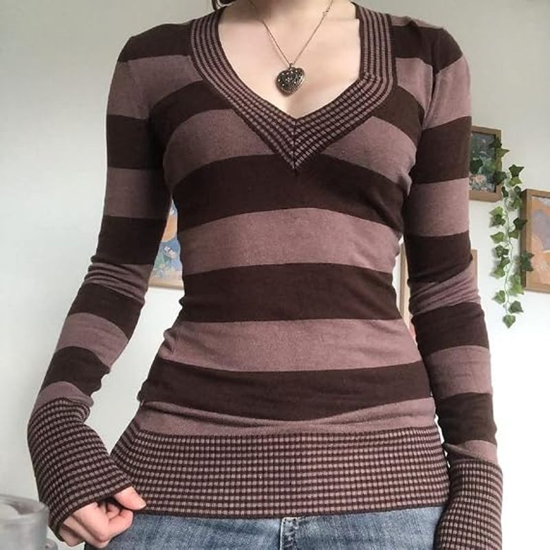 Striped Long Sleeve Slim Tops Color Block Square Collar Tee Aesthetic Harajuku Autumn Winter 90s Shirts Streetwear