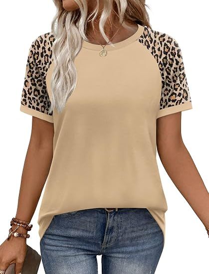 Womens Summer Tops Color Block Short Sleeve Raglan Shirts Spring Fashion Clothes Vacation Outfits