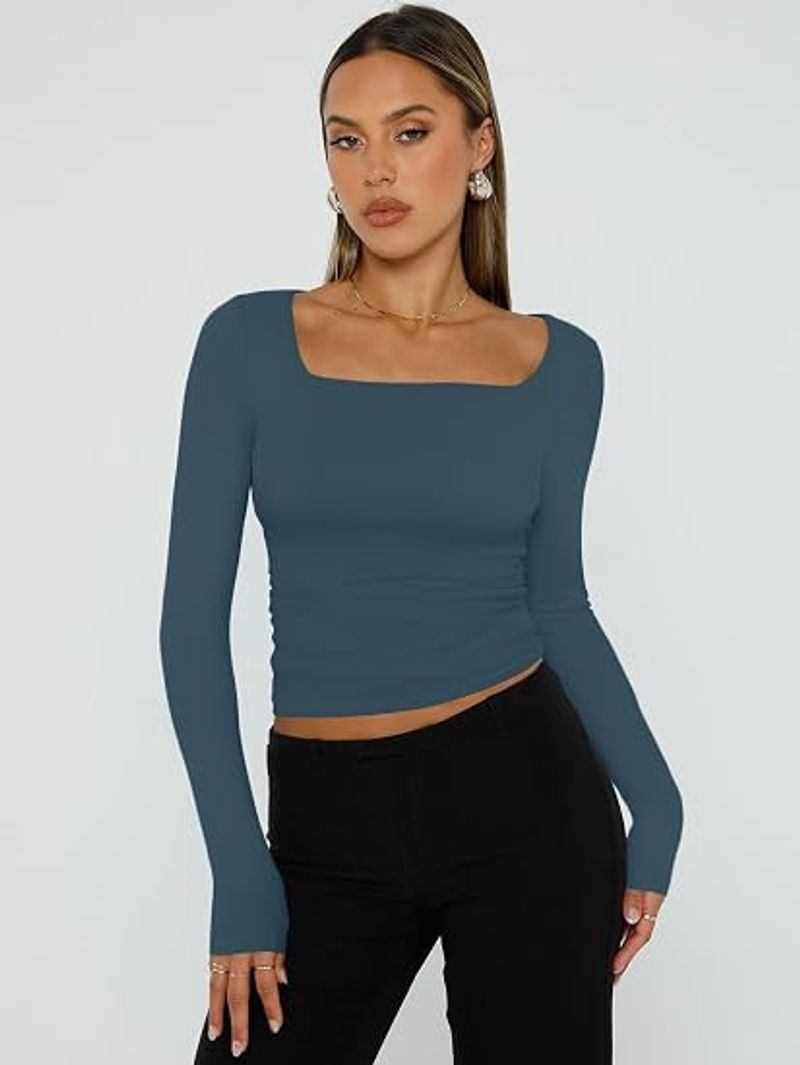 Women's Square Neck Tops Cropped Going Out Long Sleeve Shirts