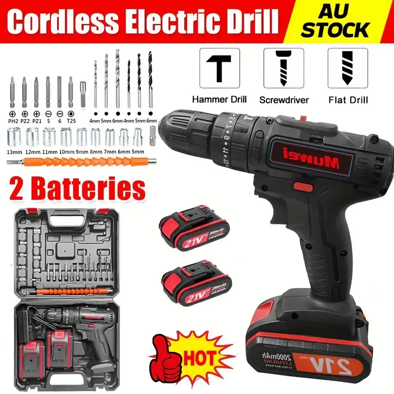 21V Cordless Drill + 2 Battery Heavy Duty Impact Driver Kit Brushless Hammer Set, Cordless Electric Screwdriver Kit, Household Small Electric Drill Driver, Rechargeable Multifunctional Set Black