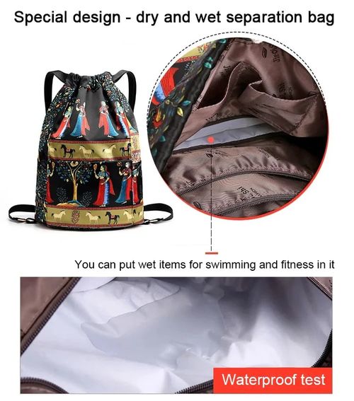 Foldable drawstring sports backpack with large capacity for wet and dry separation