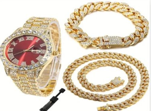 Foreign Trade Hot-Selling Business Watch Set – Large Diamond-Studded Sparkling Dial, Steel Band, Calendar Quartz Watch with Bracelet & Necklace