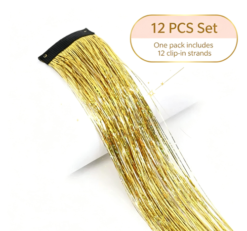 Clip-in Hair Tinsel Extensions, Gold Glitter Fairy Hair Strands for Party
