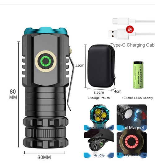 Ultra Compact S450 Multifunction Flashlight | Magnet Base + Hat Clip + Red Side Light, USB-C Charging Small Outdoor Handheld Torch