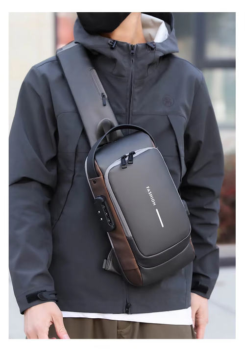 Men's chest bag password lock anti-theft leather film waterproof USB charging port multi-function sports shoulder messenger motorcycle bag