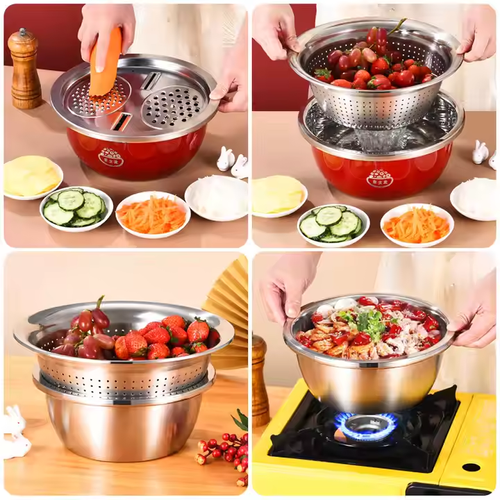 Kitchen Washing Vegetables, Fruit, Rice Colander Strainer Set 3QT Stainless Steel Microporous Colander Mixing Bowl