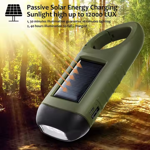 Solar hand-crank flashlight  Multi-function camping power emergency light Outdoor lighting generator flashlight