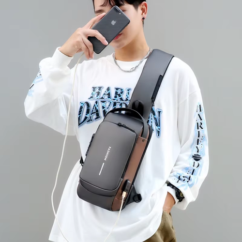 Men's chest bag password lock anti-theft leather film waterproof USB charging port multi-function sports shoulder messenger motorcycle bag