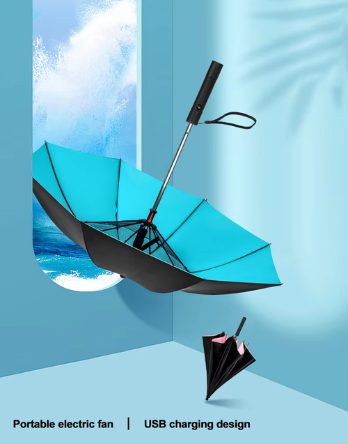 Business 8 bone with fan straight umbrella black plastic sunshade sun umbrella usb rechargeable fan umbrella