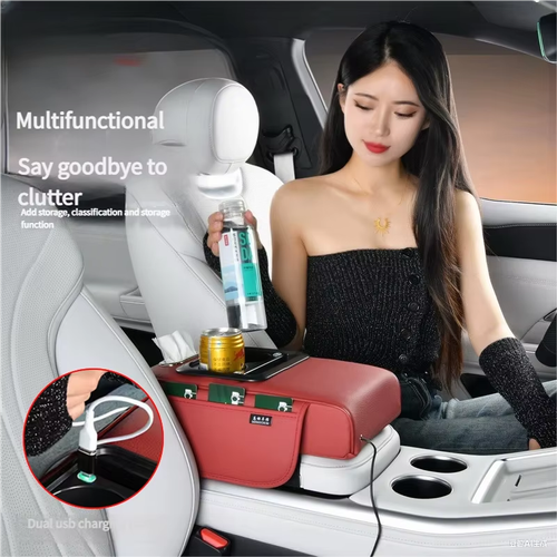 Universal genuine leather multi-functional charging car center console with storage pocket armrest