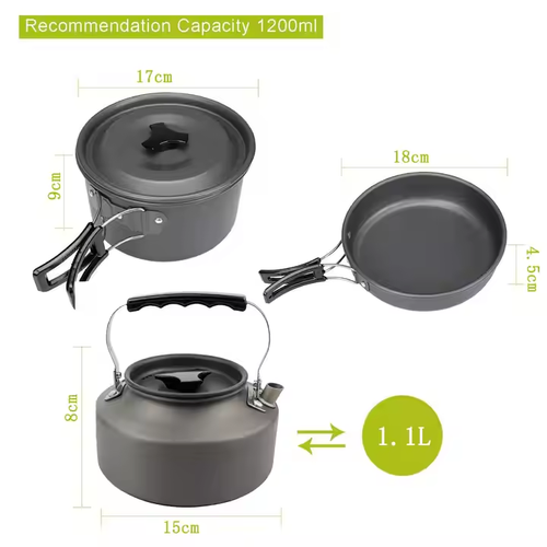 1.1 L Large Capacity Tea Pot Pan Set Portable Outdoor Camping Hiking Picnic Cooking Set for 2-3people