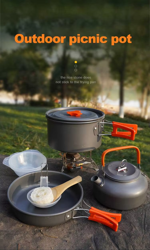 1.1 L Large Capacity Tea Pot Pan Set Portable Outdoor Camping Hiking Picnic Cooking Set for 2-3people