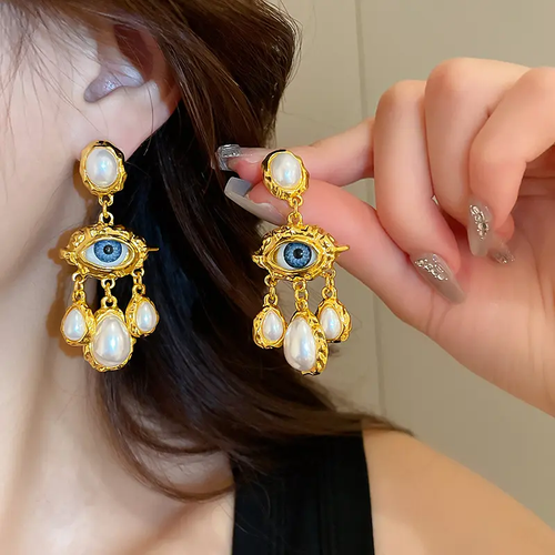 Silver needle drop oil inlaid diamond artificial tiger eye stone earrings retro pleated geometric earrings