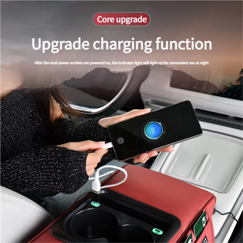Universal genuine leather multi-functional charging car center console with storage pocket armrest
