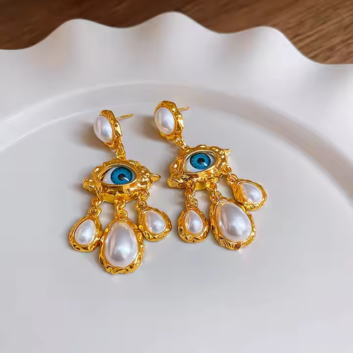Silver needle drop oil inlaid diamond artificial tiger eye stone earrings retro pleated geometric earrings