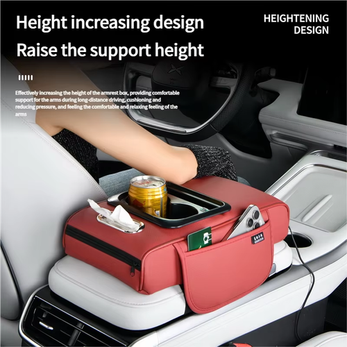 Universal genuine leather multi-functional charging car center console with storage pocket armrest