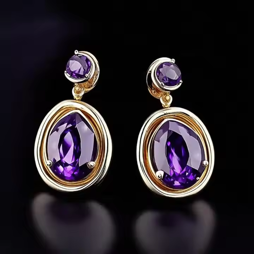 Silver needle drop oil inlaid diamond artificial tiger eye stone earrings retro pleated geometric earrings