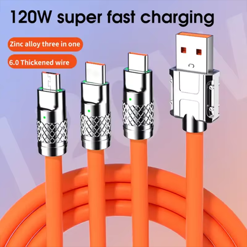 3 in 1 120w Metal Super Fast Charging Cable Usb to Type C Micro 6a Fast Charging Data Line Usb Silicone Quick Charge Cable