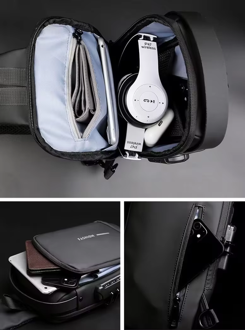 Men's chest bag password lock anti-theft leather film waterproof USB charging port multi-function sports shoulder messenger motorcycle bag
