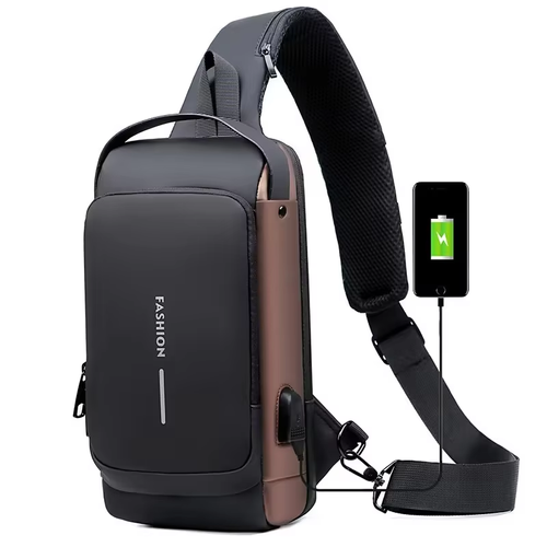 Men's chest bag password lock anti-theft leather film waterproof USB charging port multi-function sports shoulder messenger motorcycle bag