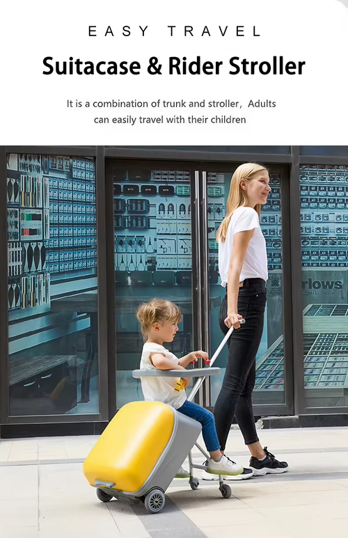 A ride-on and sit-on luggage suitcase for strolling with your baby
