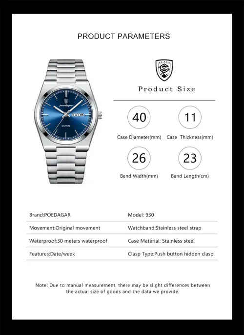 Poedagar 930 Top Brand Luminous Hand Quartz Watch Men Fashion Business Calendar Watch Luxury Stainless Steel Watch