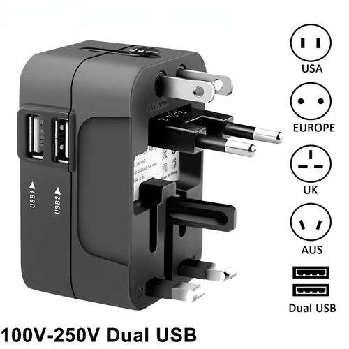 Universal Travel Plug Adapter with 2 USB Ports - World Travel AC Power Charger for AU, US, UK, and EU - Compact and Convenient USB Charger