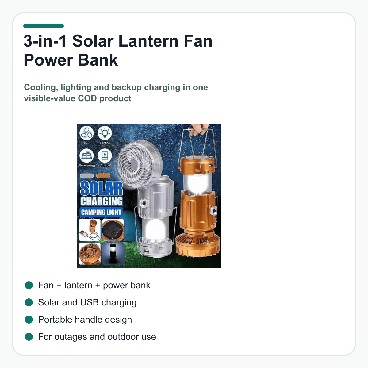 3-in-1 Solar Lantern Fan Power Bank detail 1