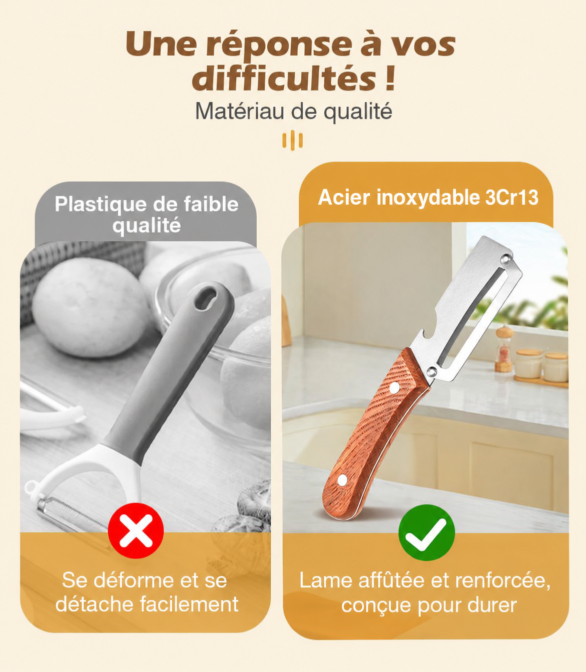 Lot de 2 éplucheurs en acier inoxydable à manche en bois avec décapsuleur – visuel 3