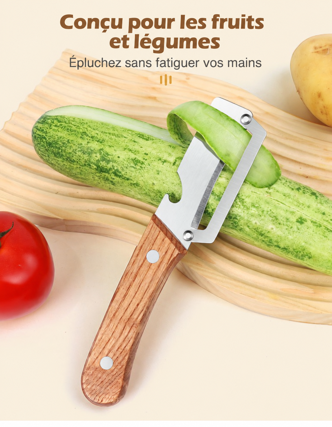 Lot de 2 éplucheurs en acier inoxydable à manche en bois avec décapsuleur – visuel 4