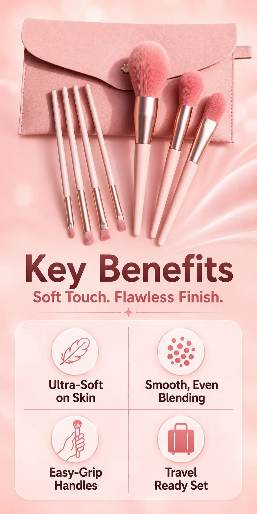8Pcs Pink Makeup Brush Set with Travel Pouch detail 2