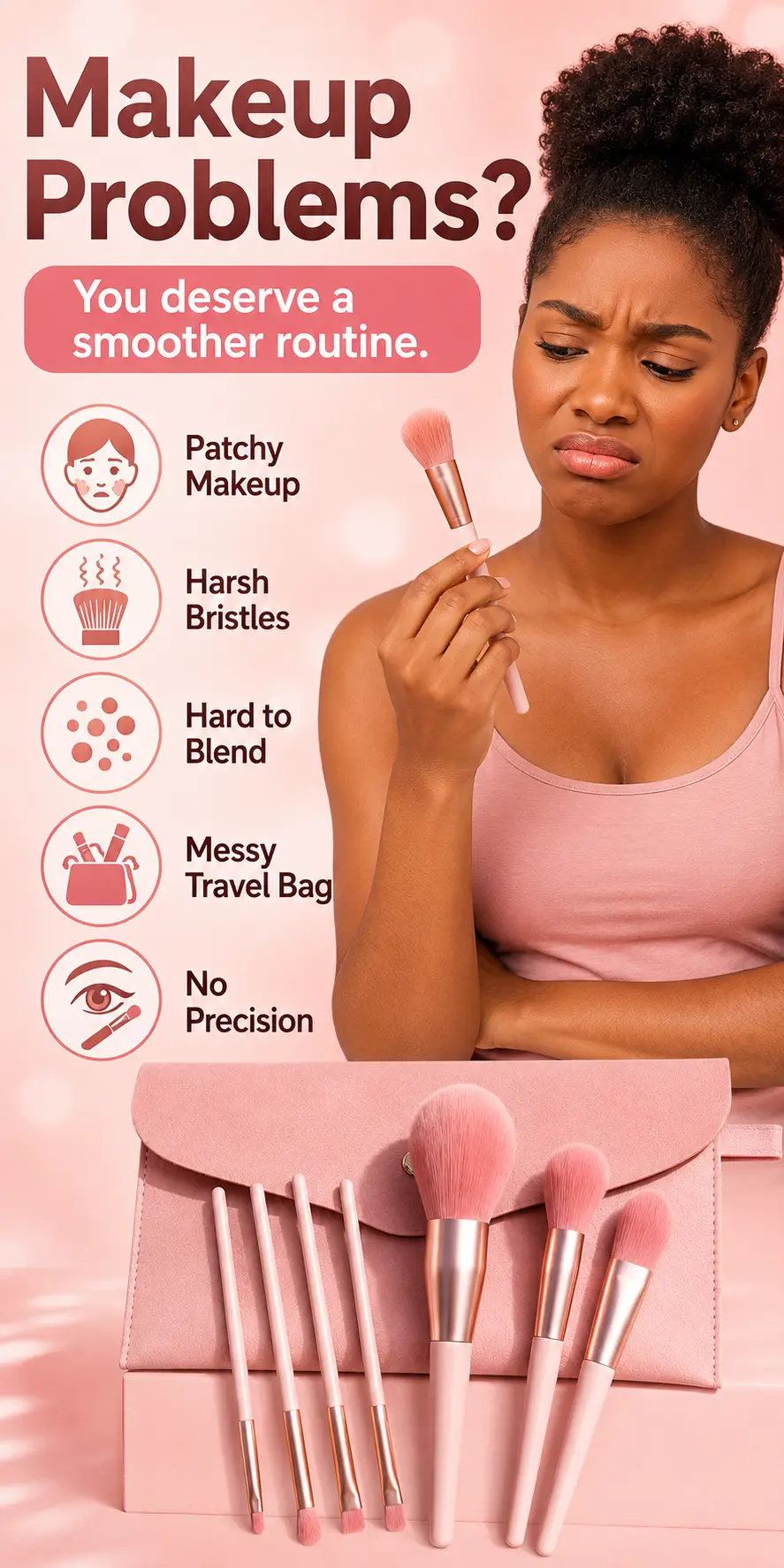 8Pcs Pink Makeup Brush Set with Travel Pouch detail 1