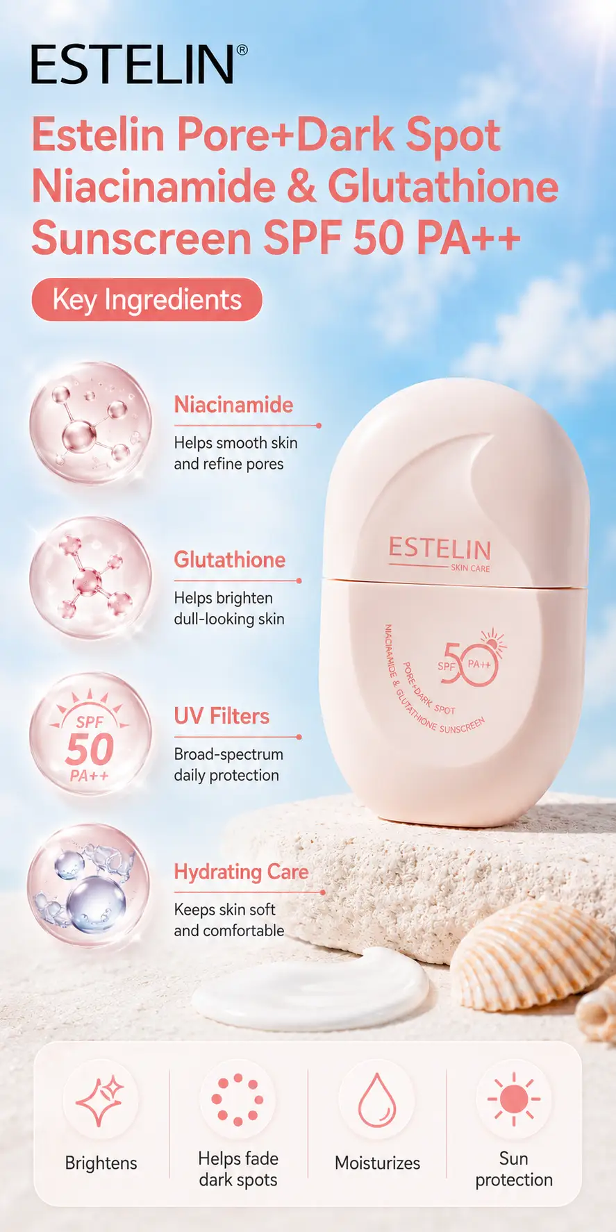 ESTELIN Pore+Dark Spot Niacinamide & Glutathione Sunscreen Spf 50 60g detail 3