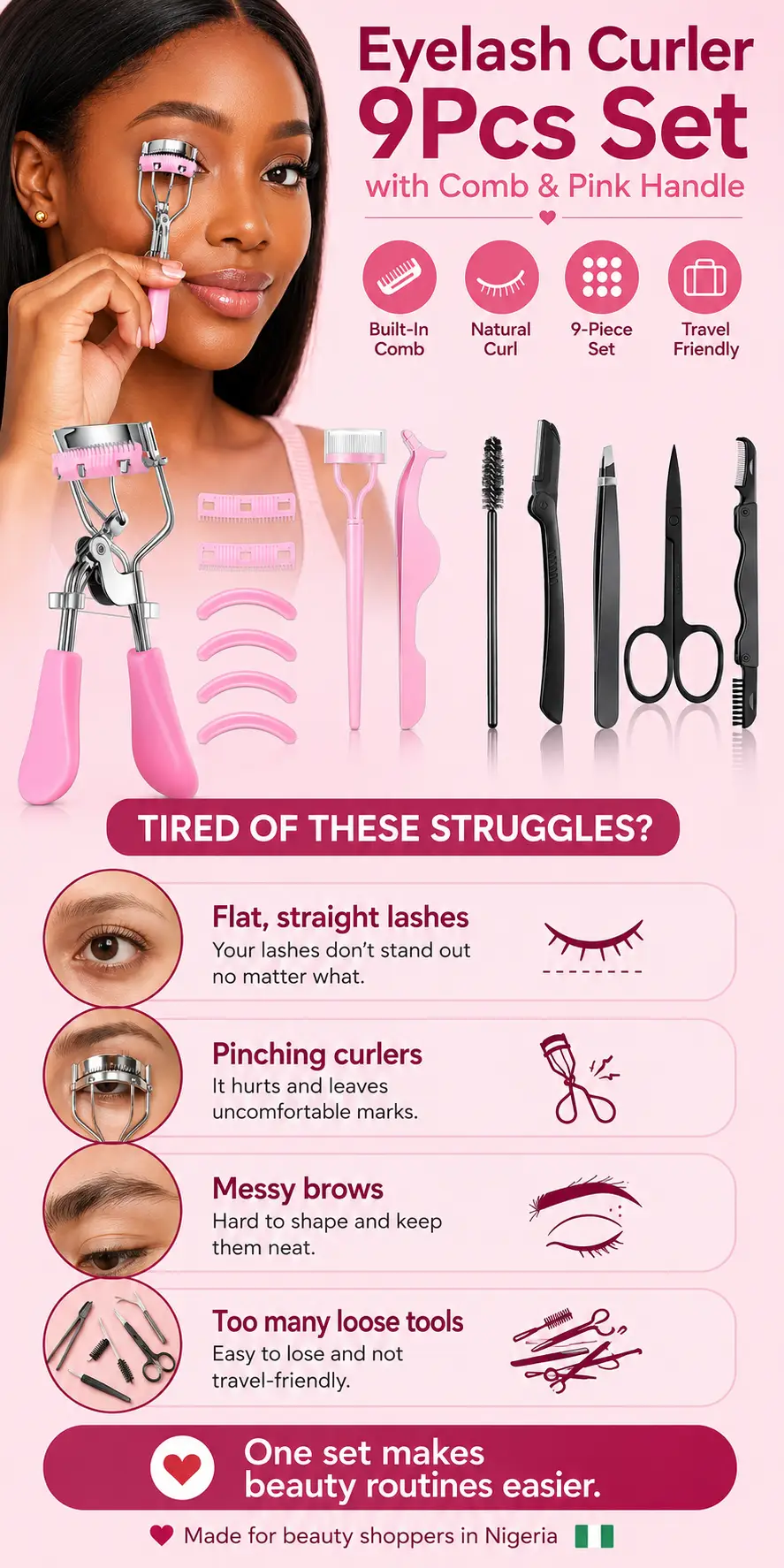 Eyelash Curler 9Pcs Set with Comb & Pink Handle 9Pcs/98g detail 2