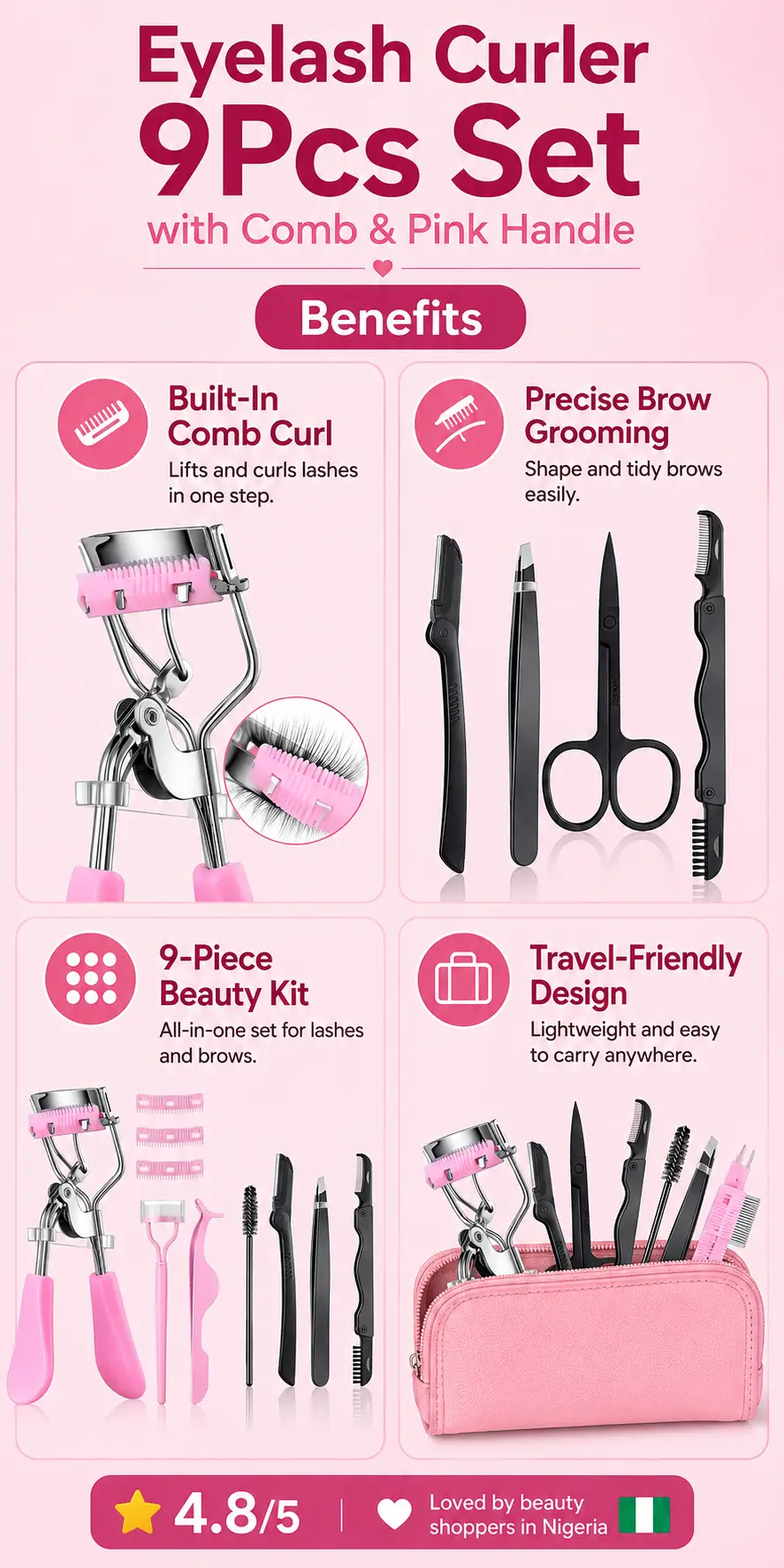 Eyelash Curler 9Pcs Set with Comb & Pink Handle 9Pcs/98g detail 1