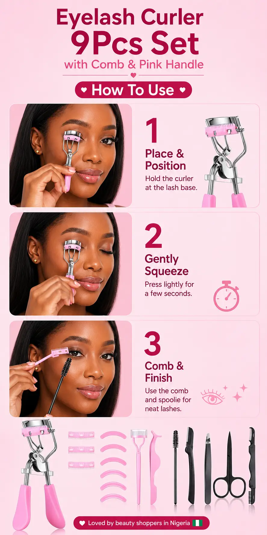 Eyelash Curler 9Pcs Set with Comb & Pink Handle 9Pcs/98g detail 4