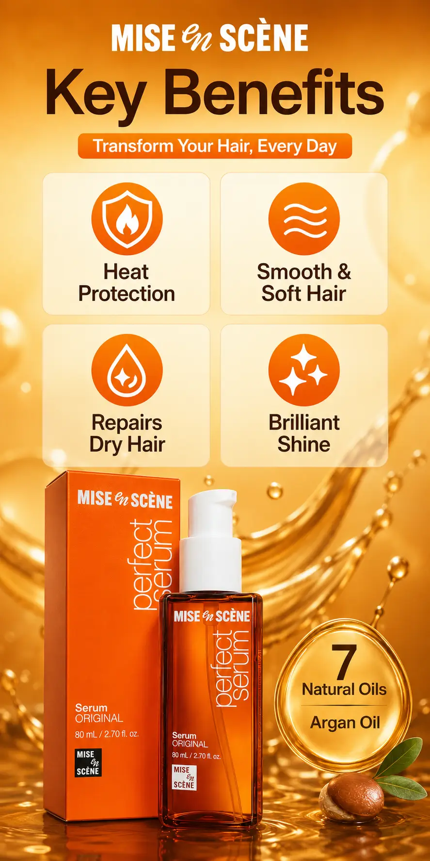 MISE EN SCENE Perfect Serum Hair Oil 80ml – Anti-Frizz Repair & Shine detail 1