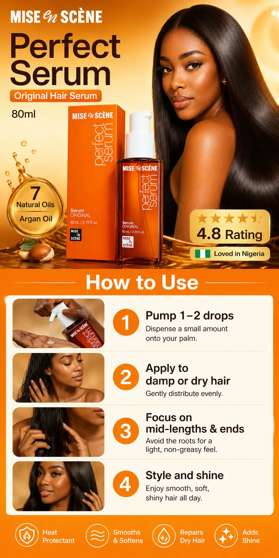 MISE EN SCENE Perfect Serum Hair Oil 80ml – Anti-Frizz Repair & Shine detail 3