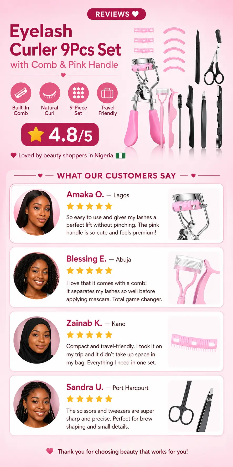 Eyelash Curler 9Pcs Set with Comb & Pink Handle 9Pcs/98g detail 6