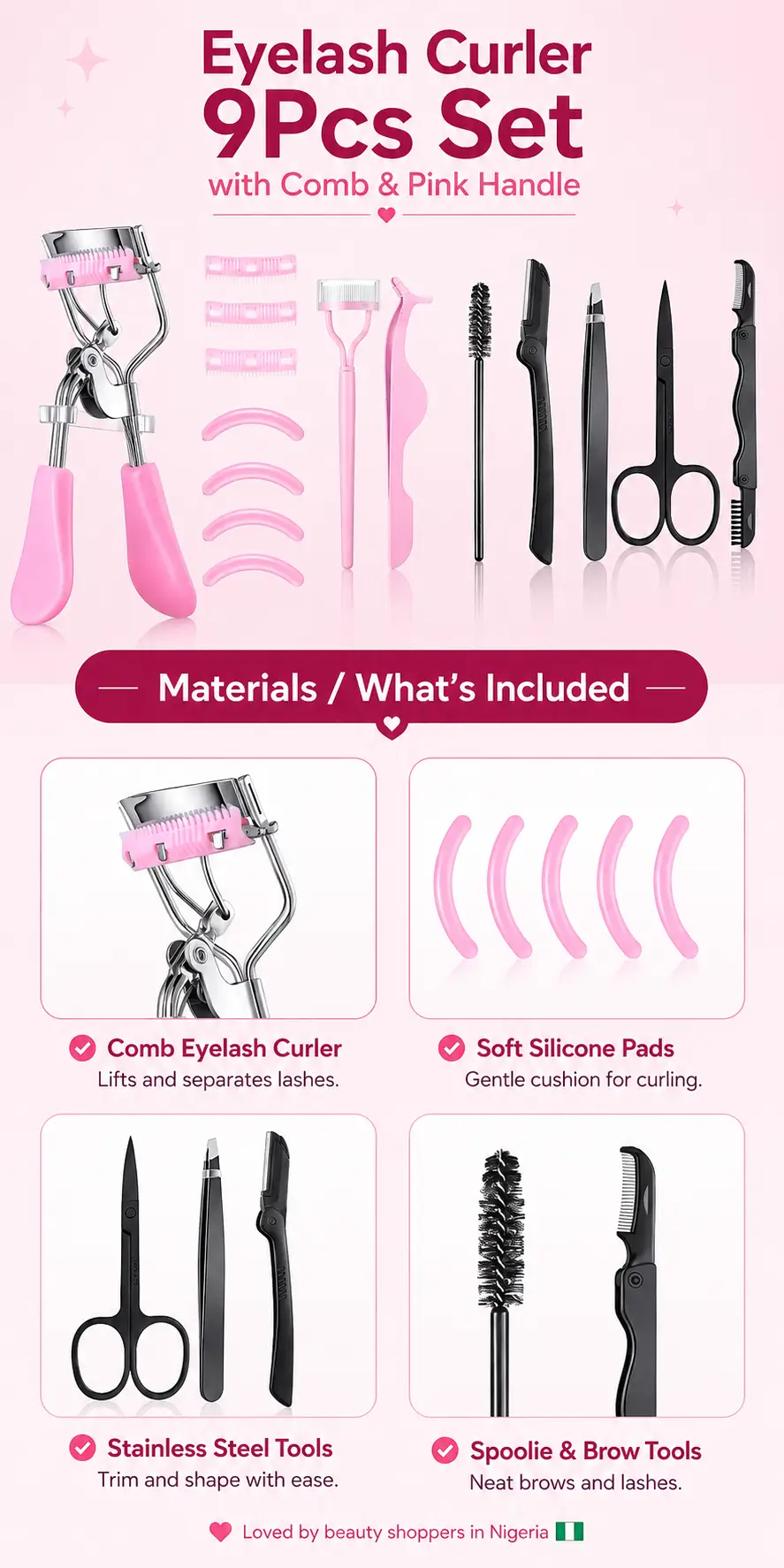 Eyelash Curler 9Pcs Set with Comb & Pink Handle 9Pcs/98g detail 3