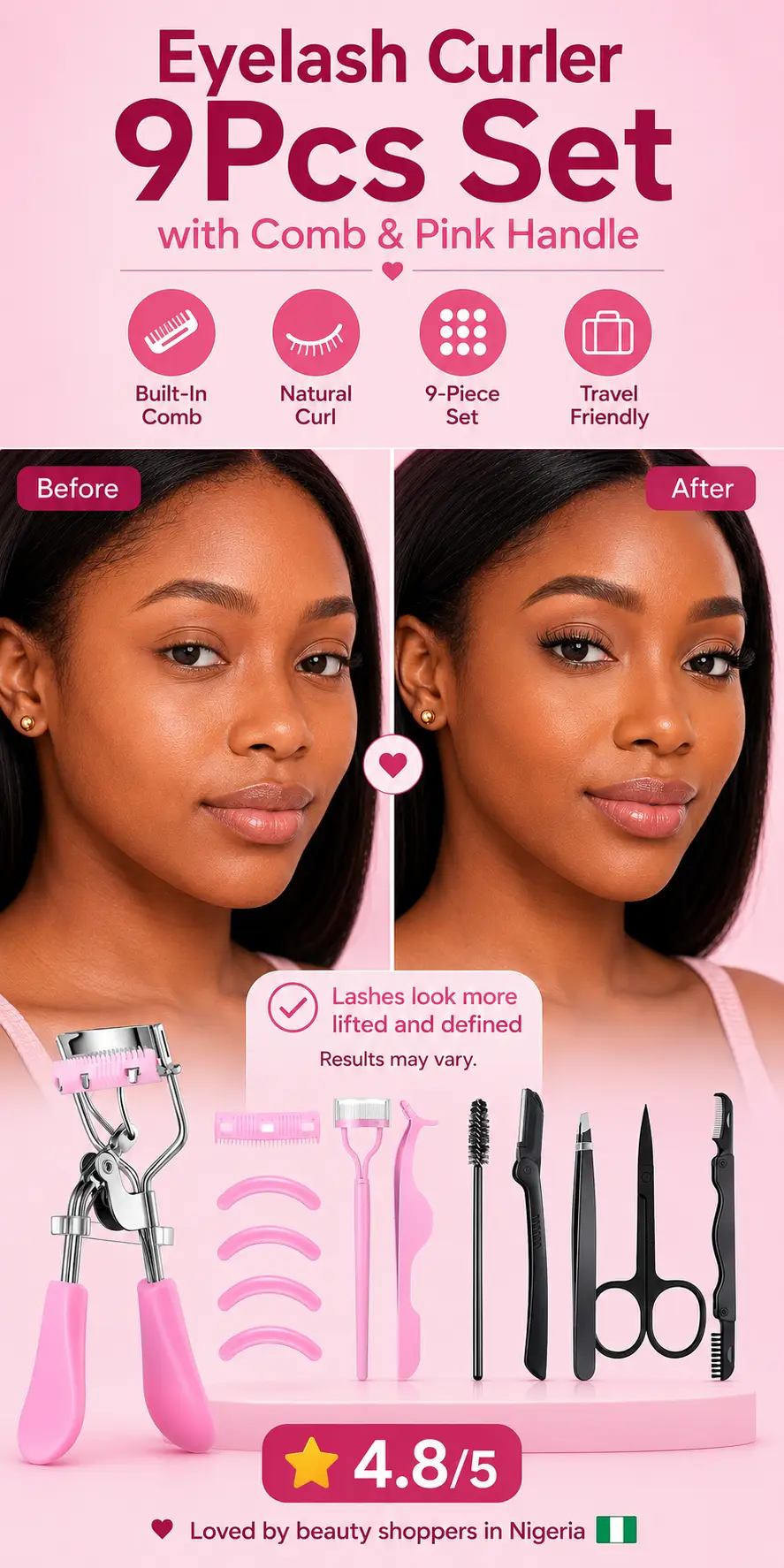 Eyelash Curler 9Pcs Set with Comb & Pink Handle 9Pcs/98g detail 5